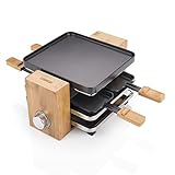 Princess 162900 Raclette y Parrilla con carcasa de bambú natural y 4 sartenes, superficie para cocinar 20,9 x 23 cm, revestimiento antiadherente de alta calidad, 700 W, Negro