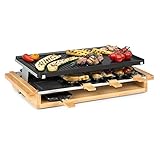Klarstein Raclette Grill con Base de Madera y Potencia de 1200W, Plancha de Aluminio para Casa, Raclette 8 Personas con Sartenes y Termostato, Raclette para Derretir Queso, Cocinar en Interior