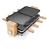 Princess 162910 Raclette y Parrilla con carcasa de bambú natural y 8 sartenes, superficie para cocinar 41,8 x 23 cm, revestimiento antiadherente de alta calidad, 1200 W, Negro