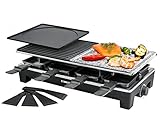 ROMMELSBACHER Raclette Grill RCS 1350 – 2 placas reversibles, 1 plancha de piedra, 8 sartenes, 8 rasquetas, antiadherente Xylan Plus, regulación de temperatura continua, 1350 W