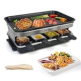 Raclette 8 Personas, Raclette Grill Parrilla Electrica con 8 Mini Plancha Raclette Queso Sartenes Revestimiento Antiadherente Regulador de Temperatura, 1500W, Negro